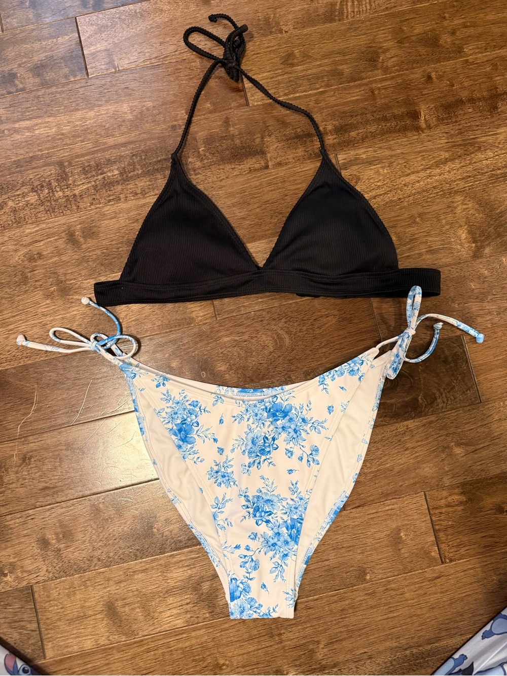 Black Ribbed Triangle Bikini Top & Wild Fable Blue Floral Tie Side Bikini Bottom